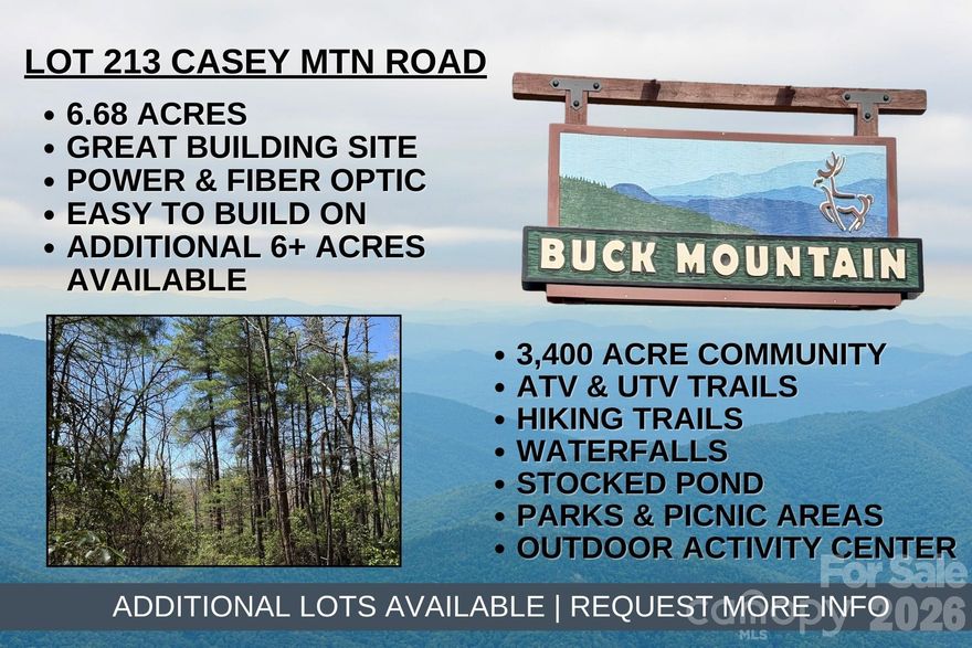 *3-BEDROOM SEPTIC PERMIT RECENTLY ISSUED (Expires 6/5/2030)* 6.68 acres w/gently sloping terrain. From the road, just follow pink flags to proposed building site (staked). Great view potential w/some tree trimming! Electric to lot. FIBER OPTIC available. Looking for a quiet place to build a weekend mtn getaway? Conveniently located in 3,400 acre BUCK MTN, the ONLY GATED ATV COMMUNITY in Wilkes County. Long & short-term rentals allowed. PRIME LOCATION! Only 1 hr from Winston & 1 hr 40 min from Charlotte. Centrally located 35 min from Boone, West Jefferson & Wilkesboro. Near High Country activities, BLUE RIDGE PKWY, ASU, shopping, dining, golf, wineries, breweries, mtn biking & skiing. BUCK MTN HAS HARD TO FIND AMENITIES: ATV & Hiking Trails, Parks, Fishing Pond, Water Falls, Pavilions, Community Center, Helipad, Outdoor Activity Center w/amphitheater for live music, community gatherings & more! 1,400 SF min to build. NO TINY HOMES. NO MOBILE HOMES. NO CAMPING. NO SELLER FINANCING.
