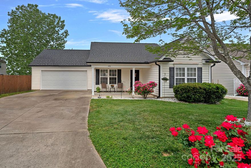 A conveniently located, ranch style home waiting for its next owners to make it their own. 3 Beds & 2 full baths with spare rooms having double door closets for optimal closet space. Primary BR has walk-in closet and tray Ceiling. Kitchen has Black appliances w/ Garbage disposal, Pantry, over sized Kitchen Island with Bar Height seating offering an open concept living & simple flow. Roof replaced in 2024, Hvac replaced about 8-10 years ago. Compared to neighbors this home is one of the few that offers a 2-car garage which has epoxy-coated floors, built-in benches equipped w/ outlets & one 220 volt outlet underneath, built in shelving, additional lighting installed overhead, a window added for natural light & air compressor can stay if desired. Consider this home low maintenance w/ minimal landscaping needs. Located next door to Magla Park which offers a playground, walking trails, rentable shelters & baseball event/practice field, 5 mins to downtown Mooresville for shopping & dining.