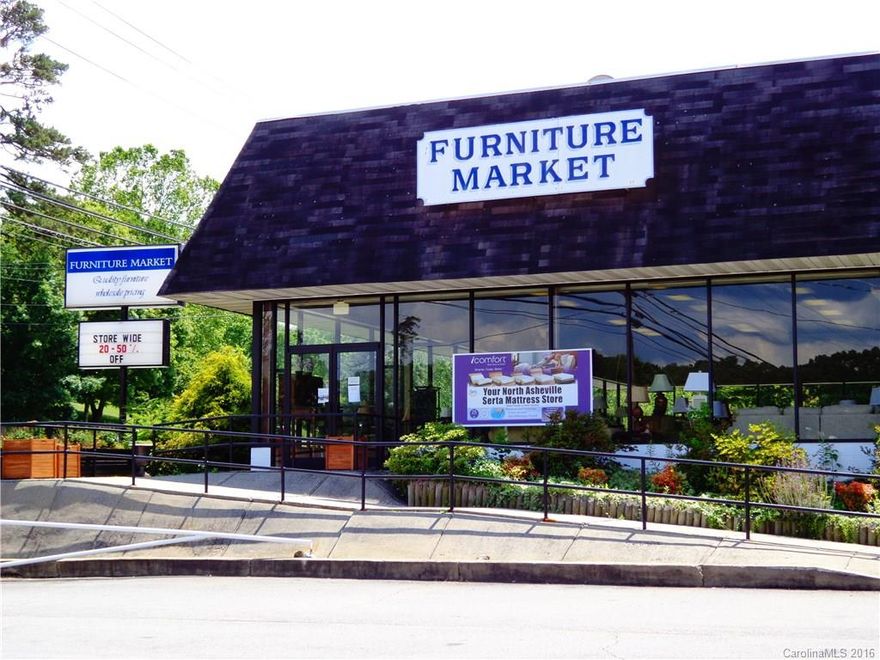 Location-location-location.  Furniture store on the busy main highway, just off I-26.  Large glass front showroom retail space. Retail space can be LEASED with some warehouse space. Well maintained, fully conditioned, even the warehouse.  Warehouse is also fully sprinkled. Lift full height loading dock. Parking.