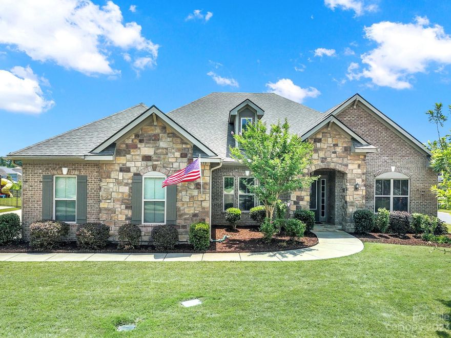 Beautiful ranch home w/ 4 beds, 3 baths, oversized 3-car garage, + whole home solar system w/ battery back-up! Full brick exterior w/ stone accents! The open kitchen features 42" cabinets, Lazy Susan, cabinet dividers, oversized island, 5-burner gas cooktop, built-in SS double wall oven and microwave, granite counters, tile backsplash, & a walk-in pantry w/ wood shelving. Eat meals in the formal dining room, breakfast area, or at the island bar! Spacious great room has a stone-accented fireplace with built-ins on each side! The primary bedroom has a dual tray ceiling, large walk-in closet, & a bathroom w/ a large tiled shower w/ bench, a garden tub, & dual vanities w/ marble counters! There are also 3 secondary bedrooms w/ 2 additional full baths, & a formal living room. Out back, there is a covered patio that extends into a paver patio with an outdoor fireplace & gazebo! Lots of green space in a fully-fenced yard w/ added landscaping, fruit trees, & shed! So many features, don't wait!