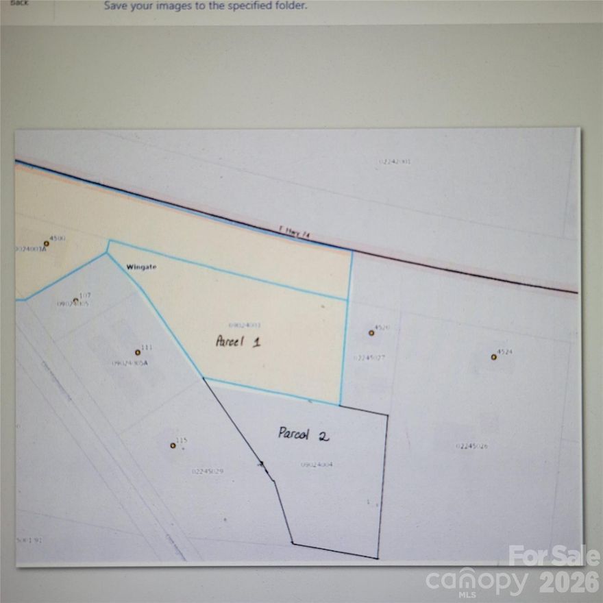 Two lots totaling 1.97 acres with frontage on Hwy 74E in Wingate, NC.  Nice level 1.038 acre lot (Tax #09-024-003, zoned AW3) formerly used as a mobile home sales facility many years ago. Water and sewer service connected. 
Approx 363 feet frontage on Hwy 74. Adjoining .937 acre parcel (Tax #09-024-004, zoned AI1) has no road frontage and is mostly wooded. Endless possibilities for this property.