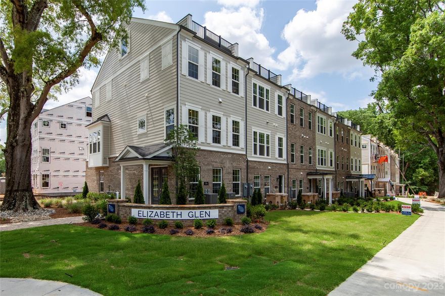 BROXTON MODEL HOME - END UNIT in now available!!!  This four-story, three bedroom Broxton beauty with it's stylish luxury interiors is the epitome of city style. Starting on the ground floor is a full ensuite bedroom or use as a home gym, plus two-car rear garage. The spectacular second floor features a chic open concept Gathering Room with brick fireplace, Gourmet Kitchen featuring KitchenAid appliances, large kitchen island and casual café dining.  Lets not forget the third floor which includes a pampering Owners Suite and additional Bedroom with private Bath. There’s even an ultra-stylish fourth-floor Loft and Sky Terrace where you can enjoy the scenic views of picturesque Elizabeth.  Elizabeth Glen is located in the prestigious Elizabeth area of Charlotte, amidst mature trees and sidewalk lined street, and still only minutes from uptown.  If luxury and location is what you are seeking, your search is over.  Welcome Home!  Don't miss out though, only two homes left in the community.