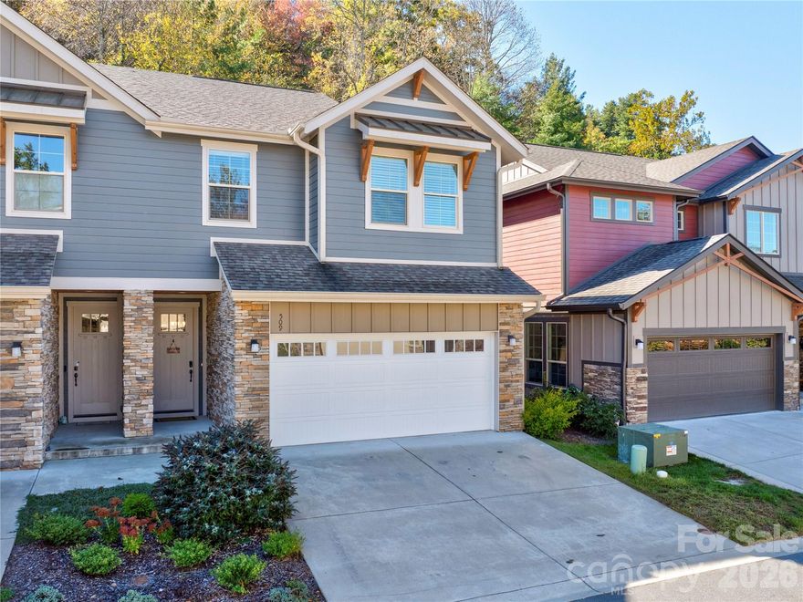 Sweet Birch Commons! A beautifully-appointed Sawyer home built in 2021, this custom upgraded 4 bedroom, 3 bath townhome is move-in ready! It features a large kitchen replete with granite and subway tile, a walk-in pantry and gas oven/range. Open living/dining space complete the great room—perfect for entertaining! 9-foot ceilings throughout! The bed/bath suite on the main level makes comfortable guest quarters or facilitates one-level living. Upstairs, the bright, spacious primary suite is a luxurious haven with two walk-in closets, paired sinks, and a tiled rain shower. Two more sizable bedrooms share a convenient bathroom. Nearby: an efficient laundry! Last but not least, step onto the covered back patio (with a gas grill hookup!) and enjoy the fenced yard bordering the woods, away from any roads. Sweet Birch Commons offers a clubhouse and common area with a firepit and grill for your enjoyment. Helene flooding did not reach this home, and it is not in the flood hazard area per FEMA letter available upon request. Home furnishings are also available for separate purchase.