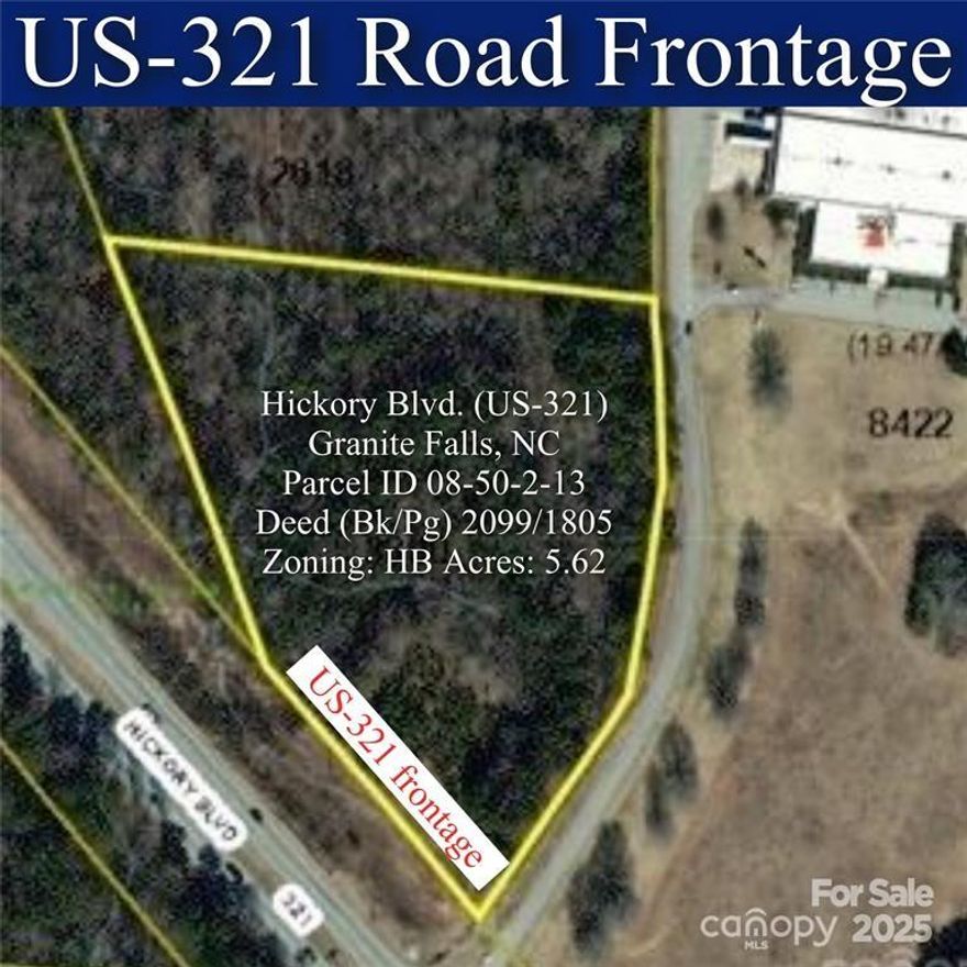High Traffic, High Visibility Location, zoned Highway Business on Hickory Boulevard. 5.6 acres with 336' of road frontage of busy highway. Located between Hickory and Lenoir, NC. See Caldwell County GIS mapping for a visual of property lines. Land is currently part of a forestry program that changes the property tax amount.