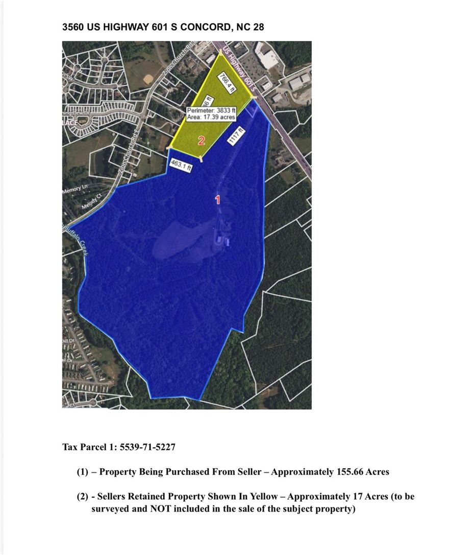 Presenting a premier ±17-acre commercial development site, ideally situated just 4 miles from downtown Concord and less than 25 miles from Charlotte. This highly visible property sits directly across from a Food Lion-anchored shopping center, offering excellent exposure and high traffic counts, as verified by NCDOT. Actual daily traffic counts are 19,943 on Hwy 601 and 22,476 on Hwy 49. Annexation into the City of Concord is required for access to municipal water and sewer services. The adjacent parcel is approved for mixed-use development (site plan available upon request). Designated in the Future Land Use Plan for Mixed-Use Development, the site is perfect for major commercial projects seeking an anchor tenant. Strategically located along two-lane Hwy 601 and a quarter mile from four-lane Hwy 49—providing direct connections to Charlotte, Concord, and Raleigh—the property enjoys exceptional connectivity to key regional markets. Proximity to major highways and thriving commercial centers further enhances its appeal for diverse, high-impact development. Property to be subdivided from a 173-acre tract, with a new signalized intersection to be added. Individual lots will not be sold or further subdivided.