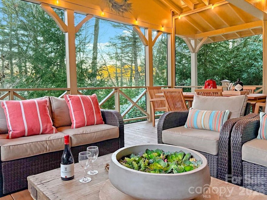 Own this delightful Highlands intown and one-level-living mountain cottage! It is perfect as a private residence or continued as a highly successful short-term-rental investment property. Awash in natural light, heart of pine floors, and multiple entertainment spaces, the home has been immaculately maintained and epitomizes a heavenly Highlands’ mountain lifestyle. Enjoy sitting by the large crackling outdoor fire pit or on the spacious screened porch designed for laid-back evenings and dining al fresco. Each of the three bedrooms has access to a full bathroom. The gourmet eat-in kitchen, with a live edge natural wood breakfast bar, is well positioned between the den and living room, each having a cozy gas-log fireplace. The whole-house generator ensures you’ll never be left in the dark, no matter the weather.  As a bonus, the home is being offered partially furnished, enabling its immediate use. Parking is plentiful with spaces in both the front and back driveways, with entrances coming from Franklin road and Holt Knob road respectfully.  Access to a town sidewalk, starting near the bottom of Holt Knob Road, conveniently leads to Highlands' wonderful restaurants and boutique shops. Moreover, the home’s intown location enables one to quickly travel to multiple scenic highlights like Highlands’ Greenway Trail, Satulah Mountain and Sunset Rock.  Your mountain escape awaits!