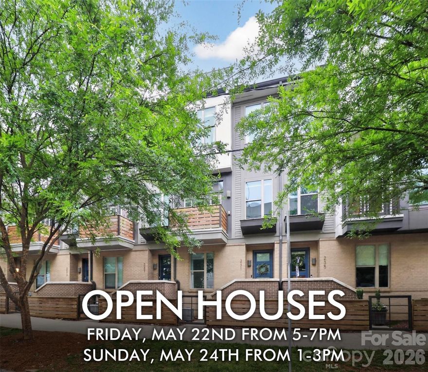 Stunning townhome in the heart of South End! Enjoy easy access to the city’s top restaurants, bars, coffee shops, Atherton Mill, the light rail, and the Charlotte Rail Trail - all just steps away. Inside, you’re greeted by an open foyer leading to a bedroom, full bathroom, and oversized one-car garage complete with a Tesla charging station. Head upstairs to the main level featuring a gorgeous kitchen with quartz countertops, a convection range, hardwood floors, and a spacious island with seating. Enjoy coffee from your balcony overlooking South End or meals in the dedicated dining area filled with sunlight. On the upper level, you’ll find the primary suite, laundry closet, and an additional spacious bedroom with its own ensuite bathroom and walk-in closet. The top floor offers a flexible bonus space that opens directly onto the rooftop balcony, perfect for entertaining. This floor also has additional storage space. You’ll love this move-in ready home that’s been beautifully cared for and updated with gorgeous paint colors throughout. Plus, the washer, dryer, and refrigerator will all remain! Homes in Helix rarely come to market, so don’t miss your chance to see this one. Join us for an open house Friday or Saturday from 2:30pm–4:30pm!