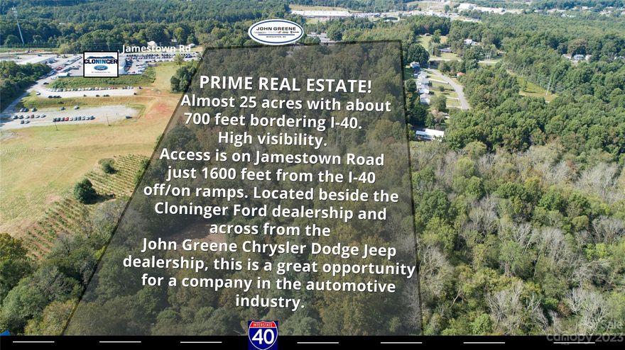 PRIME REAL ESTATE with high visibility bordering Interstate 40. Western North Carolina is a place where many want to live an visit. I-40 Exit 100 is approximately 1,600 feet from property. Average Daily Traffic County per NCDOT on 9/12/23 was 13,385 north of Highlander Street. The traffic count should pick up once the Sheetz convenient store located on the corner of Jamestown and Carbon City Road opens around April, 2024.  Five parcels included with various zoning classifications of HID, CU and MID with neighborhood overlay. There are 3 rental homes on the property along Jamestown Road with address of 905, 903 and 915. Most of the property is wooded and there is a flood zone on the backside of the property. Usable property in HID & CU zoning is approximately 10 acres. I-40 and Jamestown road right-of-way. Corridor overlay alogn Jamestown Road. Property may need to be re-zoned depending on use.