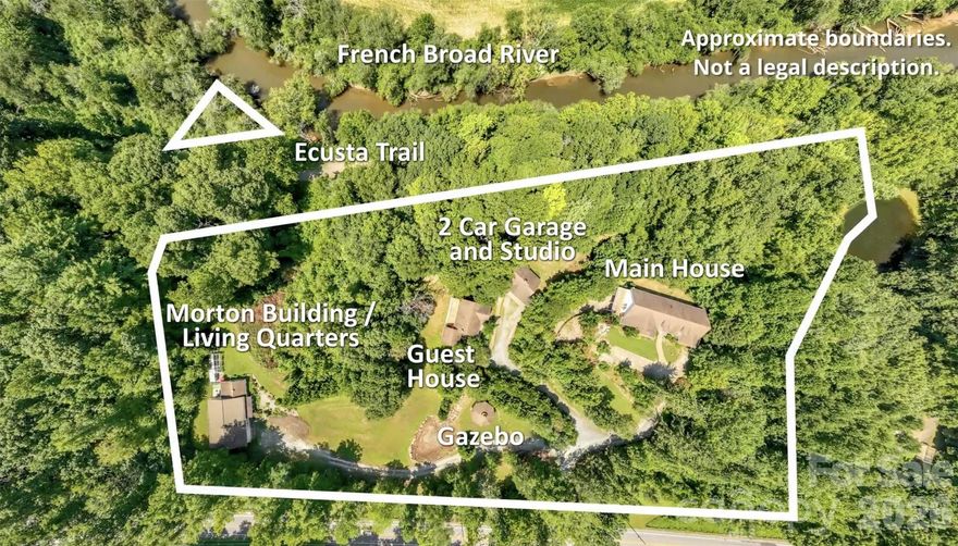 Unique Western North Carolina investment opportunity featuring a 6+ acre riverfront compound with four separate buildings and six distinct living spaces, offering exceptional flexibility for events, retreats, short-term rentals, or multi-unit income. Ideally located between Hendersonville and Brevard, the property offers direct access to the French Broad River and connects to the popular Ecusta Trail, creating a rare combination of recreation, tourism, and business potential.
The main residence serves as the centerpiece of the property with expansive gathering areas and a full  kitchen ideal for hosting events, retreats, or group accommodations. The lower level of the main building features a fully equipped second kitchen, two bedrooms, and a large living space that functions perfectly as a separate rental unit, guest suite, or additional lodging for retreat guests.
A second home on the property includes two separate one-bedroom living units with private entrances—one on the main level and another on the lower level—offering excellent flexibility for short-term rentals, extended stay guests, or staff housing.
The third house includes a kitchen, living room, dining room, porch area with one and a half baths.  Also has an extra-large garage and workshop space that could easily be converted into an event hall, studio, or creative gathering space for weddings, workshops, or corporate retreats.
Additional improvements include a detached two-car garage with a one bedroom efficiency apartment, providing yet another rental or caretaker option.
Outdoor amenities make this property especially attractive for destination gatherings and hospitality uses. The grounds feature two scenic ponds, a large gazebo ideal for ceremonies or outdoor events, a water feature, and over six acres of usable land with river access. The connection to the Ecusta Trail adds tremendous appeal for cyclists, outdoor enthusiasts, and visitors exploring the growing recreation corridor between Hendersonville and Brevard.
With multiple structures, numerous lodging options, beautiful natural features, and no HOA restrictions, this property offers exceptional potential as a boutique event venue, retreat center, income-producing short-term rental compound, or private estate.