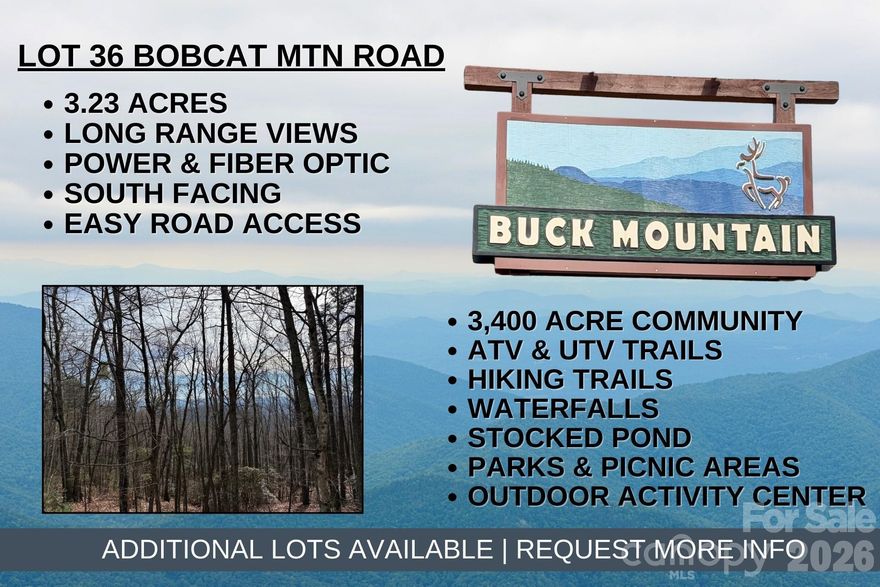 Dreaming of building a home in the mountains? Enjoy optimal sun exposure with this 3.23 acre south-facing building lot, offering a tranquil place to relax and enjoy the sights and sounds of nature. Long range layered view potential with some tree trimming. Property corners are marked. Electric is available at the road. FIBER OPTIC is available. Long-term and short-term rentals are allowed. Conveniently located in the 3,400 acre Buck Mountain community...ONLY GATED ATV COMMUNITY in Wilkes County. Buck Mountain is a PRIME LOCATION! Arrive at the gate from Winston in only 1 hour and from Charlotte in 1 hour 40 min. Just minutes from High Country activities. Centrally located 35 minutes from Boone, West Jefferson, and Wilkesboro. Close to BLUE RIDGE PKWY, ASU, shopping, dining, golf, wineries, breweries, mountain biking and skiing. BUCK MOUNTAIN HAS HARD TO FIND AMENITIES like ATV Trails, Hiking Trails, Parks, Fishing Pond, Water Falls, Pavilions, Community Center, Helipad, Outdoor Activity Center with stage for live music, community gatherings and so much more! Make lasting memories while spending the day hiking or riding ATVs on the miles of trails. 1,400 SF minimum building requirement. NO TINY HOMES. NO MOBILE HOMES. NO SELLER FINANCING.