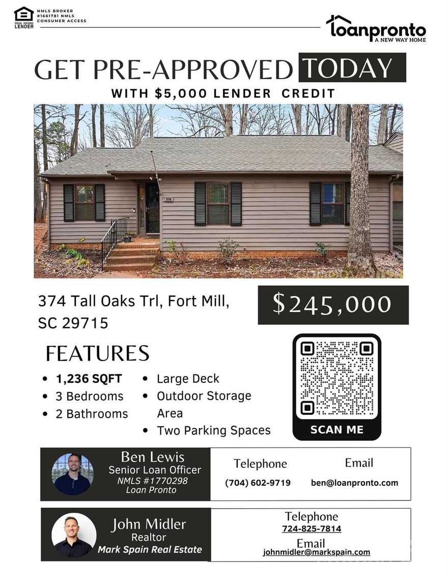 ***$5,000 Lender Credit when you get approved with Loan Pronto, inquire with Listing Agent*** Welcome to the Dogwood Hills neighborhood, just minutes from downtown Fort Mill and surrounding popular Ballantyne, Pineville, and Charlotte. This end unit Condo is situated in a quiet wooded area and features a 2022 year roof, an encapsulated crawlspace, large deck, an outside storage area, and two parking spaces. This low maintenance condo offers easy living with the HOA handling the exterior maintenance, roof, lawn care, termite protection and garbage service. You The home is move in ready with **Professionally Painted Walls, newly installed carpet, and professionally deep cleaned**. You will love the galley kitchen that houses the laundry, custom cabinetry, granite countertops, and stainless steel appliances. The dining area and living room blend creating a large open area with lots of desirable natural lighting. The large living room features a stone faced wood burning fireplace, a huge wall to hang a flat big screen TV, and stool seating around the kitchen countertop. This is a great layout for entertaining guests. Lastly, enjoy three spacious bedrooms with walk in closets- including the primary bedroom and bathroom. Schedule your tour today!
