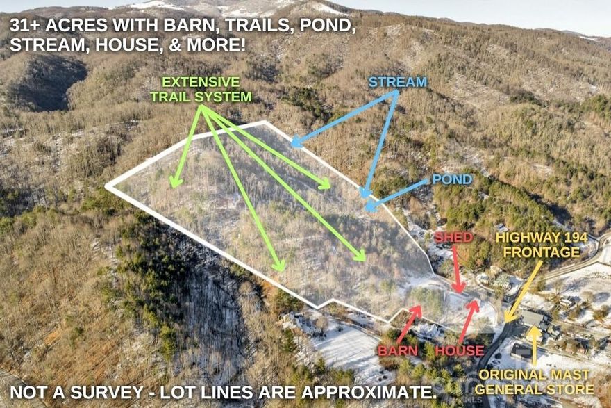 Valle Farm: a rare offering of 31+ acres with an extensive trail system, barn, and existing home in the heart of Valle Crucis! Located directly across the road from the Original Mast General Store, and with wooded acreage, usable yards, and long-range, layered Blue Ridge Mountain views at high elevations, this tract offers the potential for many different uses. Offering easy access year-round on state-maintained roads, this is the perfect place for a homestead, family estate/legacy property, horse property, or investment opportunity with potential for development or commercial use. The wooded acreage is easily accessible over an extensive trail system and offers a small pond, stream frontage, and good potential homesites with long-range views. A large barn on the property offers multiple stalls, storage rooms, a full bathroom, and a large storage loft, and is adjacent to an additional shed outbuilding, offering ample storage space. The existing home offers two bedrooms and one bath, a stone fireplace, and a front porch overlooking pastoral Valle Crucis. With serenity and mountain views year-round, this is the perfect place to enjoy all the High Country has to offer! Property is also being offered as 29+ acres, excluding the barn, house, and NC Highway 194 S frontage.