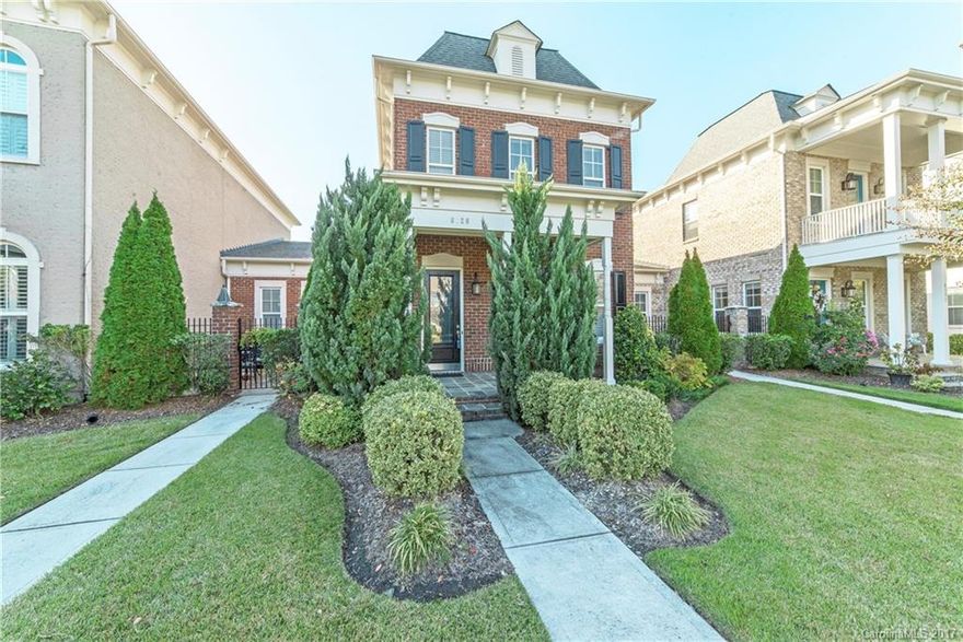 Stunning upscale townhome in Ballantyne/Blakeney Area! The 2008, original-owner-home has been meticulously maintained. Prime location with views of gorgeous, serene courtyard. Large Front Porch allows for relaxing mornings or evenings. Numerous upgrades throughout, including gleaming HW floors, built-in bookshelves, enclosed patio, heavy crown moulding, upgraded granite in kitchen and all baths, tankless H20 heater, beverage fridge, surround sound throughout, sec. system, extra long DRIVEWAY!