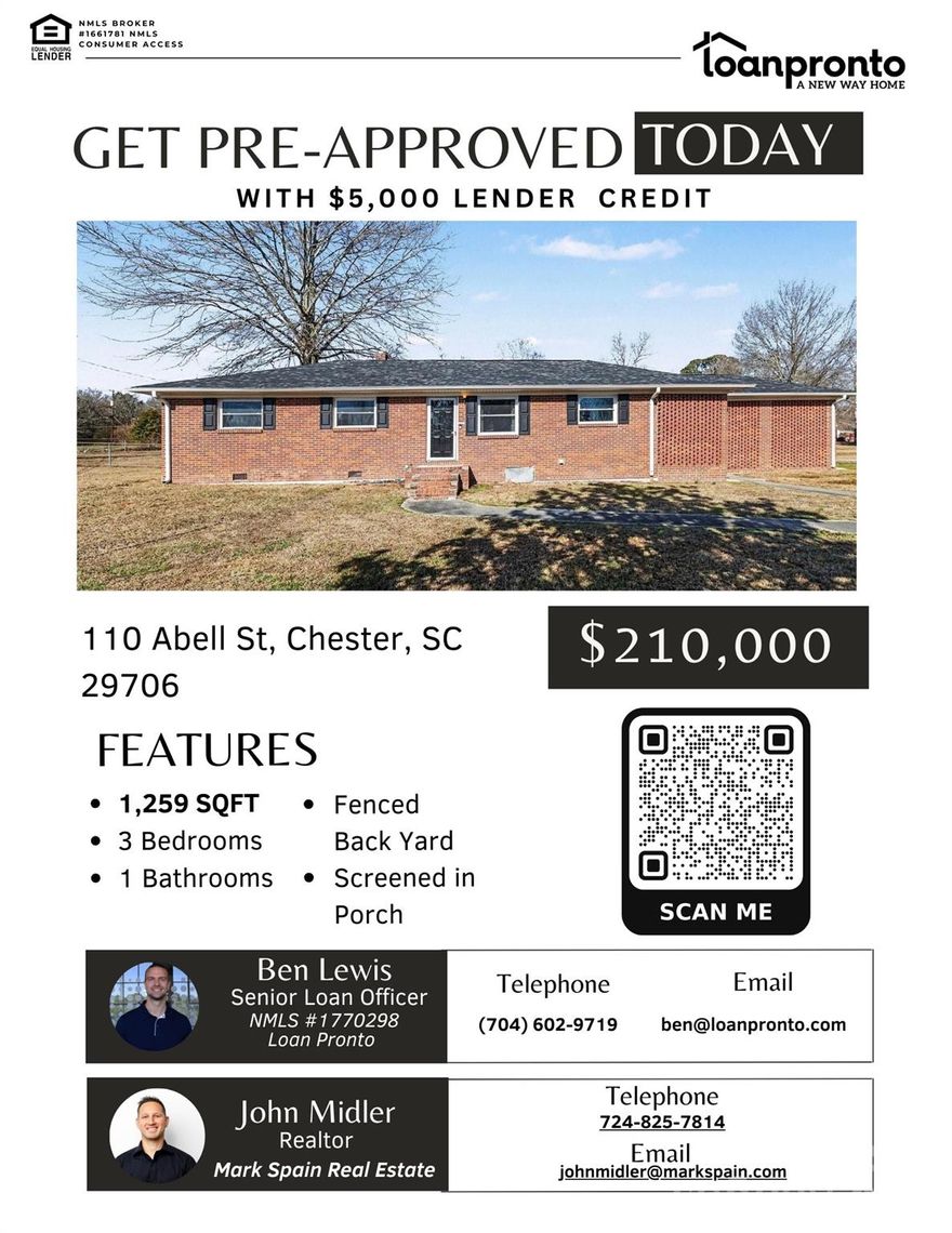 ***$5,000 Lender Credit when you get approved with Loan Pronto, inquire with Listing Agent*** Welcome to wonderful Chester - centrally located between Charlotte, NC and Columbia, SC. This home sits just minutes from downtown Chester, restaurants, shops, and other conveniences. This full brick ranch home features a level corner lot, fenced in back yard, storage shed, one car garage separated by a partially enclosed breezeway, and a large rear screened in porch with fireplace and mosaic floor tiling. Inside you will fall in love with a well maintained 3 bed 1 bath home. The bedrooms are spacious with generous closet space.
The home features lots of desirable natural light, hardwood floors throughout, a separated kitchen with walk out access to the covered porch, stainless steel appliances, Formica countertops, and a window over the kitchen sink. The lower level den (down two steps/above ground) adds a great space for extra entertaining, gaming, workout, etc. The den area features a sliding glass door to the breezeway and garage access, a fireplace, and also houses the laundry closet and storage. Make this wonderfully priced home in a great neighborhood yours today!