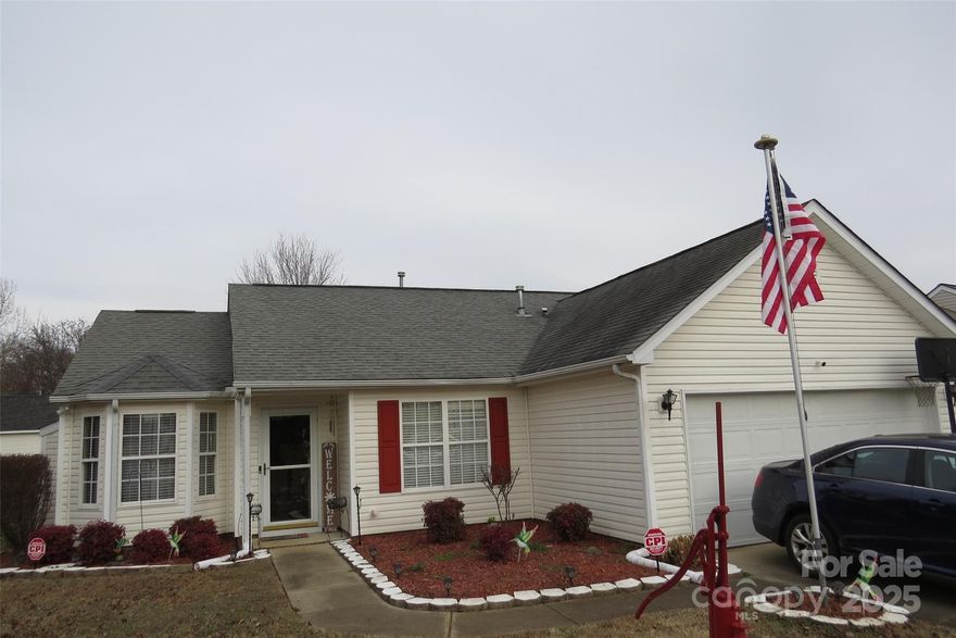 Step into this charming well cared for 1 story home. Inviting covered front porch welcomes you into a open floor plan.  High ceilings in family room, bay window and gas fireplace, lead into breakfast nook with gourmet kitchen to include breakfast bar, granite counters, pantry and stainless appliances. Additional dining area leads into a bonus room that has many possibilities of either a den, craft room, exercise or even a 4th bedroom due to it having a nice closet and window. Primary bedroom has attached primary bath with a garden tub and separate shower. Dual sinks and nice walk in closet. 2 additional bedrooms with ceiling fans. Fully fenced back yard with a nice patio area, garden spot and good sized storage shed-not counting the attached 2 car garage. Close to dining and shopping, minutes to Charlotte Motor Speedway. Community features a pool, tennis courts and playground. Corner lot for added privacy, a must see, don't delay!