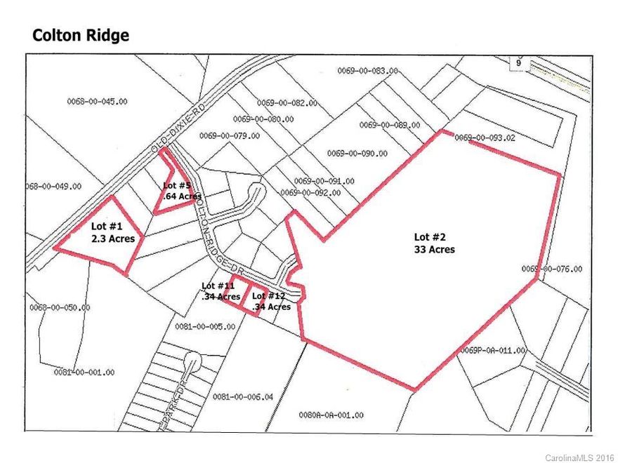 Lots and acreage in the sought after Colton Ridge community. Lot 1 - 2.3 Acres 0068M-0A001.0, Lot 2 - 33 Acres 0069-00-093.00, Lot 5 - .64 Acres 0068M0A-005.0, Lot 11 - .34 Acres 0068-0A-0011.0, Lot 12 - .34 Acres 0068M-0A-012.0. Lots are wooded and suitable for crawl space or basement construction. County water and sewer. 33 acre tract can be subdivided. All to be sold in one package. Just minutes from dining and shopping. Short drive to Charlotte. Country living so close to so much.