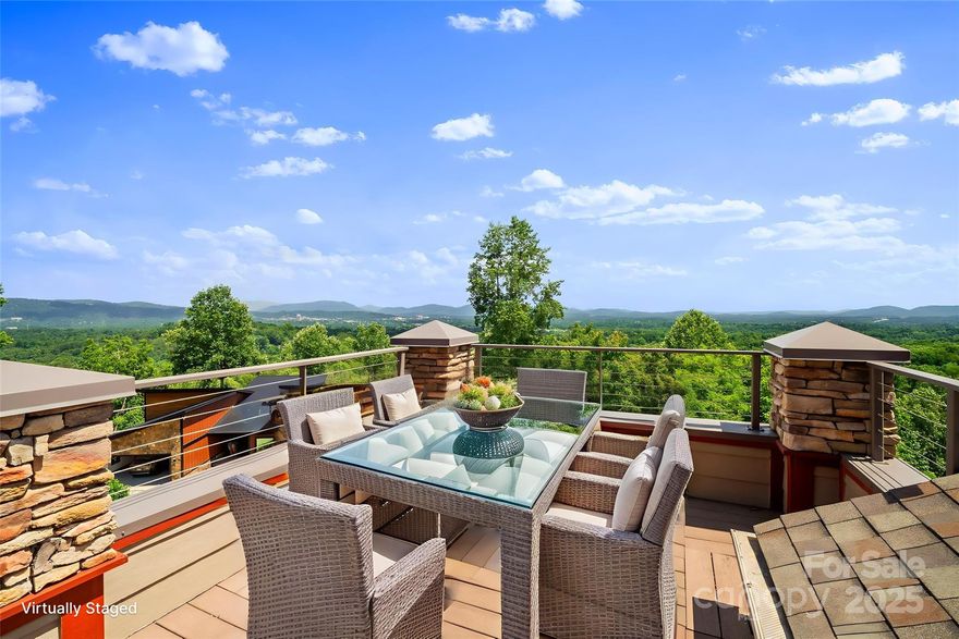 Luxury condo enveloped in million-dollar mountain views, capturing the breathtaking essence of Asheville's natural beauty. These highly coveted gems rarely come to market making this an exceptional opportunity to own a distinguished property in this esteemed gated community. Relax on the main level outdoor lounge or dine on the rooftop terrace, where you can savor panoramic mountain vistas, including views of Downtown Asheville, Biltmore Estate & The Grove Park Inn. Step inside to discover an impressive open floor plan showcasing impeccable craftsmanship. The living room features a striking wall of windows, perfectly framing the stunning vistas, complemented by a stacked stone fireplace & soaring ceilings. The chef-inspired kitchen boasts a generous breakfast bar. Enjoy three beautifully appointed bedrooms and three and a 1/2 baths. Completing this remarkable property is an attached oversized two-car garage. This prime location provides you a lifestyle to enjoy all things Asheville!