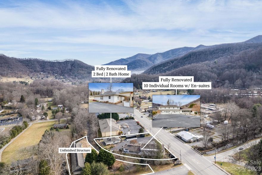 Discover the perfect blend of comfort and nature's charm in this renovated boutique motel, situated on the same PIN number as a single-family home. Unique layout spanning 3 distinct buildings, this property offers a variety of amenities. Front building welcomes you with lounge area and 2 half baths. Gym with half bath awaits providing the flexibility to transform it into an additional rental space. Dedicated laundry room adds to the convenience of your stay. The bungalow features 3 bedrooms and 2 baths, accommodating up to six guests. Gourmet kitchen is a chef's delight. Unfinished structure, previously designed for 10 additional rooms is surrounded by soothing sounds of babbling Jonathans Creek and Campbell Creek. Marvel at the breathtaking mountain views conveniently located on Soco Rd. Just minutes away from skiing adventures, hiking trails, and restaurants. Embrace the allure of this boutique motel and single-family home, creating lasting memories in the heart of nature's wonders.