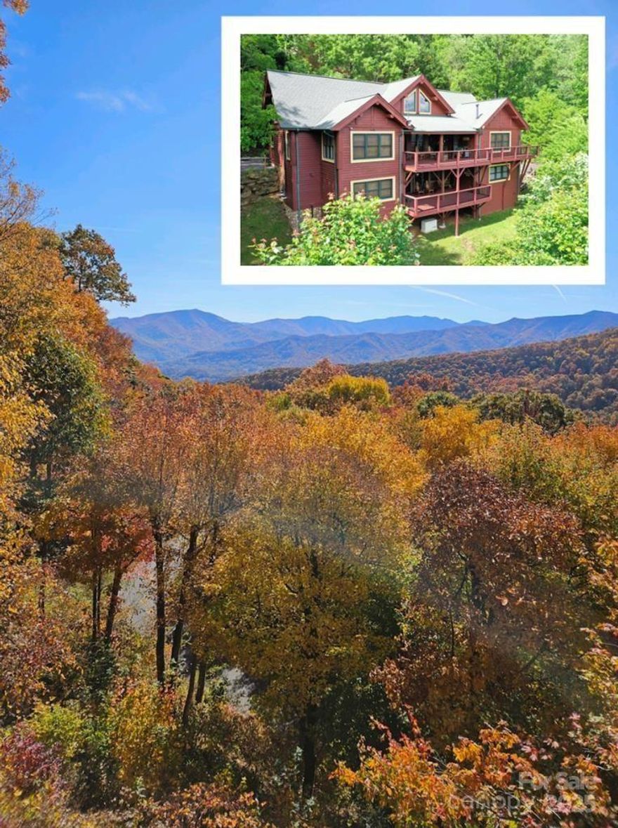 Discover your mountain retreat at The Villages of Plott Creek, perched at over 4100 ft elevation with breathtaking views of the Great Smoky Mtns. This custom-built log home has soaring 25' ceilings with exposed logs and a spectacular stone fireplace. This home spans approximately 4600 sq ft heated living space is built for luxury and comfort and sits on a spacious 2.574-acre lot with personal hiking trails that lead to a one-of-a-kind outdoor fire pit. Two of the three bedrooms and two baths are located on the main level. The Primary suite boasts a tucked away spiral staircase that leads to a private relaxation space with sitting area, custom sauna and an oversized jetted tub. A 3rd bedroom, 2 baths plus 2 bonus rooms, family room with fireplace and dry bar are located in the spacious finished basement which also has its own covered sitting porch. Also featured at lower level is a 2-car garage with enclosed tool room, full house Generac and a unique wine or root cellar.