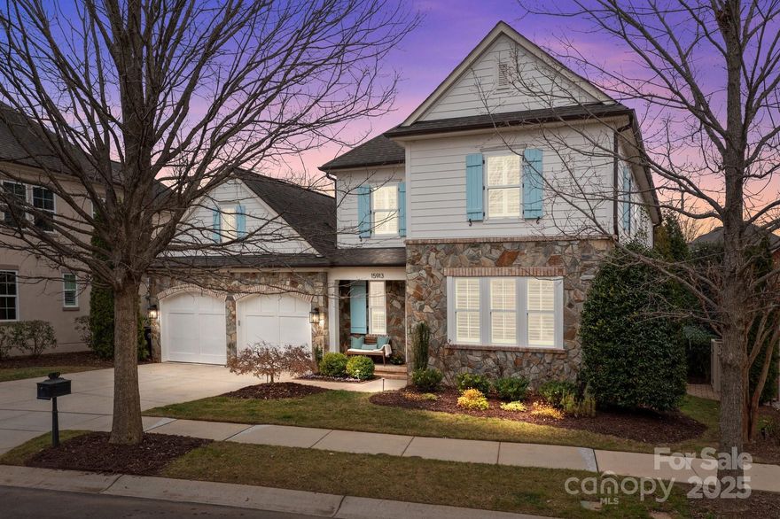 Welcome to 15913 Robbins Green. A stunning custom home nestled in a sought-after neighborhood and on a quiet side street, minutes from Lake Norman. Robbins Park offers tennis courts, walking trails, recreational field, playground, and outdoor pool. This exceptional home offers refined living, evoking a sense of unity and tranquility. Perfect for both everyday life and entertaining, effortlessly hosting gatherings, holiday celebrations, and sleepovers. Beautiful flooring throughout the main level. Elegant home office, chef’s kitchen that opens into the breakfast area and great room, form the heart of this home. Primary bedroom suite on the main level offers a trey ceiling detail, a private bath, and an oversized walk-in closet with built-in shelving. The upper level has four bedrooms, a bonus room, and three full baths to ensure comfort for all. Outdoor living space includes a covered patio overlooking a private lawn. A short stroll to Birkdale shops, restaurants & movie theater.