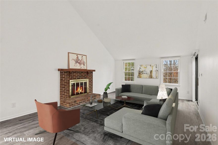 Completely renovated ground level condo in highly desirable South Charlotte location, walking distance to Carmel Commons Shopping Center and easy access to 485 and gorgeous walking and biking trails of the Greenway! Phase 3 of community will feature $600K townhomes and brand new pool and clubhouse which should result in positive future equity in this community! Private end unit with vaulted ceiling and no one walking above you! Open and airy living/dining area has brick fireplace. Lovely patio has wooded views and storage closet.  Seller has installed brand new stainless steel appliances and beautiful luxury plank flooring, and new paint throughout!  Primary suite features spacious walk in closet and access to attic above for even more storage!  Major systems have been replaced and roof was redone a few years ago by HOA. Desirable schools in the area are an added bonus!  Don't miss out on this exceptional opportunity!!