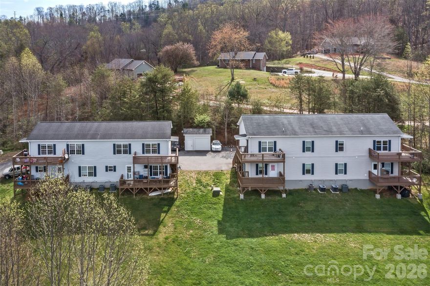 Excellent Investment Opportunity!  This 8-unit property is 2 quads on adjacent lots, qualifying for conventional lending opportunities.  It is just outside of city limits (no city taxes!) but within 20 minutes to the center of Asheville.  The buildings share a paved driveway and parking lot, a private 60gpm well, and each has its own septic system (no municipal water/storm drain bill!).  All units are 2bd/2ba and have their own washer & dryer.  Tenants enjoy nice mountain views from the peaceful back decks, and the big backyard has lots of trees around the perimeter.  Units rent for $1600-1650.  This easy property is perfect for new investors just venturing into multi-unit ownership, and is also great for seasoned investors looking to grow their portfolio.