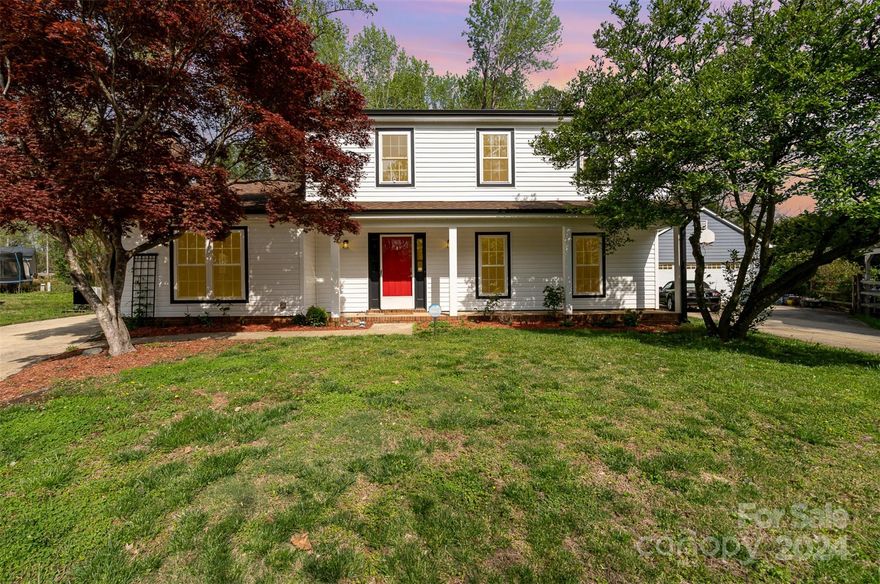 Welcome to this charming home featuring a rocking chair front porch, new LVP floors, carpet and fresh interior paint. The home has a spacious layout with a dinning room, stainless steel kitchen appliances and a cozy, wood burning fireplace in the family room. Glass french doors lead to a large, downstairs office/flex space is perfect for working from home or entertaining. The upstairs features Large primary bed w/private en-suite and large walk-in closet. 3 more bedrooms and full bathroom complete the upstairs. Large cleared backyard with a renovated shed and extended patio area allows for a perfect entertaining space. Shed includes bathroom, kitchenette and living area. New siding and windows in 2020 and no HOA! Conveniently located with quick access to shopping, dinning and highways for quickly getting to Charlotte and the surrounding areas.
