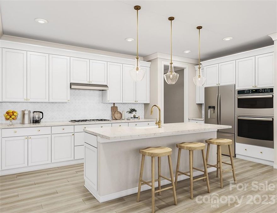 Beautiful New Home for Sale with a Fireplace, Gourmet Kitchen w/ 36" Electric Cooktops, Tray Ceiling in Primary Suite, Open Rail Staircase, Upgraded Primary Shower, and Upgraded Secondary Bathroom at a Competitive Price. The kitchen has the gourmet kitchen upgrade, presenting a 36" electric cooktop, elevated stainless steel appliances, white perimeter cabinets with a contrasting navy cabinet island, light gray backsplash tile, all tied together by the elegant White Helix Quartz counter tops. The great room has a stunning 36" electric fireplace which flows seamlessly into the lovely front courtyard. Upstairs, there are three bedrooms, including the primary suite, featuring the tray ceiling upgrade, an upgraded primary shower with tile walls and a large walk-in closet. Adjacent to the primary suite is the spacious loft, laundry room, as well as the secondary full bathroom enhanced by a tub surround.