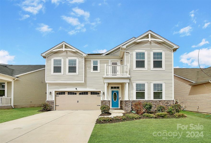 Wonderful home offers something for everyone! Enjoy the open floor plan great for gatherings & convenience. With 5 bedrooms & 3 full baths, this home offers plenty of options. The welcoming covered porch & foyer entry lead to the adjacent front, flex room that can accommodate any buyer's needs and function as a living room, office, workout space or other! Additionally the 1st floor bedroom provides flexibility & can be used as a guest suite, office, playroom, etc. The open, bright kitchen with granite countertops, seated island, SS appliances, numerous cabinets & spacious pantry is a great gathering area with lots of storage. The second level includes a generous loft space, with outdoor balcony access, laundry room, 3 secondary bedrooms & owner's suite. The rear fenced yard includes fruit trees. The neighborhood has a community pool, sidewalks, parks/play areas & neighborhood events.  Easy access to shopping, dining, & great Clover schools! Low York property taxes. Energy Star home!