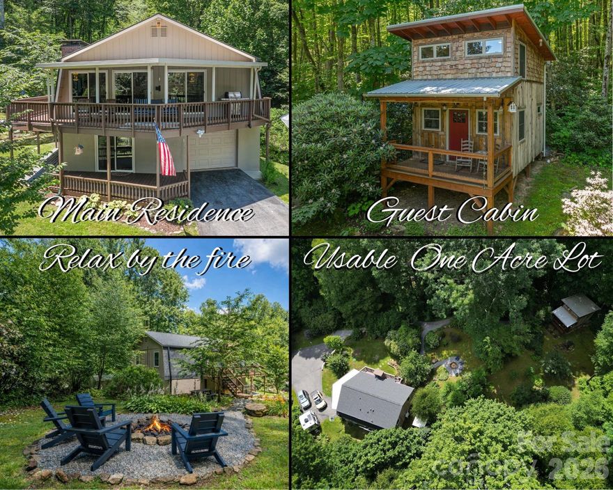 The exhausting search is over! Welcome to this stunning, fully renovated gambrel-style mountain home, complete with a charming full-turnkey guest cabin. Both are set on a beautifully landscaped lot just under one acre. This property offers the perfect blend of modern updates and rustic appeal, with plenty of USABLE outdoor space ideal for entertaining, gardening, or simply enjoying the peaceful surroundings. The guest cabin is a charming 391 sq. ft. two-story full-turnkey rustic cabin, built in 2019 and is currently operating as a short-term rental. The cabin is tucked into the back corner of the property and is perfect for guests, a studio, or income potential.  The main residence boasts a new roof (2024), a new mini-split ac/heat system (2024), and a finished attached 1-car garage.  High-speed Spectrum internet is available. Enjoy year-round access with state-maintained roads and take in the peaceful mountain setting with all the comforts of modern living. Relax to the soothing sounds of a nearby stream that enhances the tranquility of the property. Located just minutes from hiking trails, skiing, local dining, and the Blue Ridge Parkway, this move-in-ready gem is ideal as a full-time residence, a vacation home, or investment property.