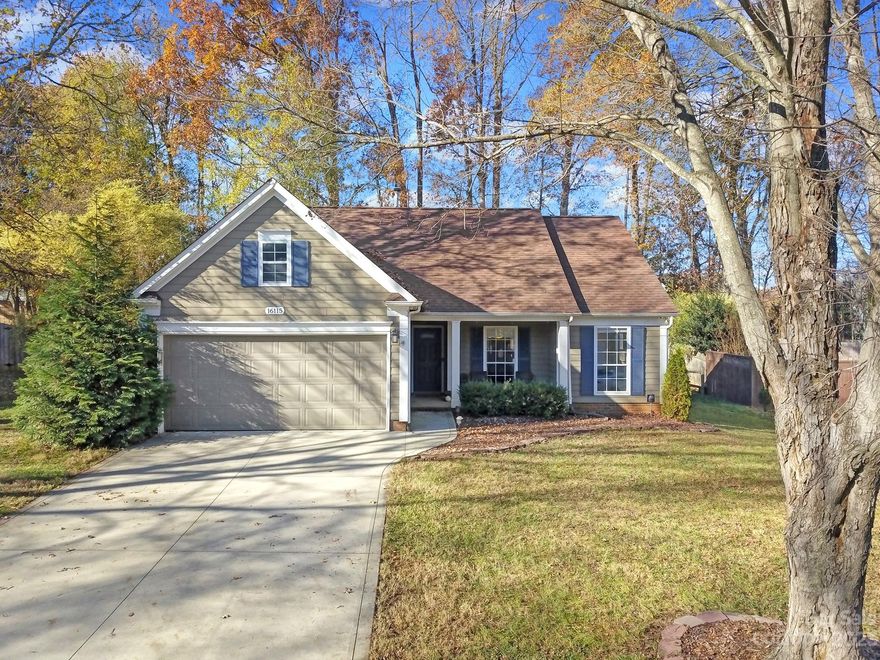 Make this adorable ranch your new home. Beautiful lot in a cul-de-sac in desirable Huntersville, NC. NO HOA! 
Kitchen and dining room greet your eyes on the right as you enter. Laundry and two-car garage await on your left.  Large open living room with vaulted ceilings and wood-burning fireplace, leads to a spacious and beautiful backyard. Primary bedroom and en-suite are separated from the other two bedrooms and their bath, in this split-bedroom ranch home. Washer, dryer and fridge available with an acceptable offer.  Welcome Home!