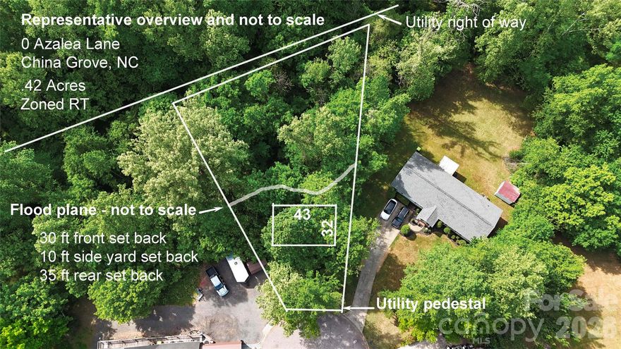 Vacant undeveloped lot for sale in cul-de-sac located near downtown China Grove ready for single family residential home site. City water and sewer available and no taps have been connected. Seller has a proposed structure placement survey available. Part of the lot is in a 100 year flood plane on the back portion of the lot. Utility right of way on the back side and utility pedestal at the front right corner of lot. Contact listing agent for survey and any other additional questions. GPS 709 Azalea Lane, China Grove, NC.