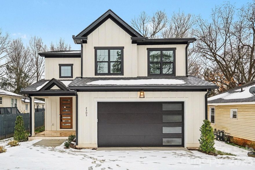NO HOA | Modern charm meets thoughtful design at 2305 Sanders Ave, a stunning new construction home offering 4 bedrooms, 3 full baths, and 1 half bath. This well-designed floor plan seamlessly blends Charlotte’s classic charm with contemporary elegance, featuring bright interiors, functional living spaces, and an ideal layout for both everyday living and entertaining.
Step through the inviting front porch into a welcoming entryway highlighted by a grand ceiling foyer. The main level features a spacious Primary Suite that serves as a serene retreat, complete with a spa-style bathroom offering a freestanding soaking tub, dual vanities, and a custom-designed walk-in closet.
The kitchen is a true showstopper, boasting quartz countertops, a large center island, walk-in pantry, and gourmet high-end appliances, perfect for hosting and daily living. Upstairs, you’ll find three additional bedrooms, including one with a private full bath, also finished with luxurious spa-style details. A generous laundry room on this level adds everyday convenience.
Additional highlights include a 2-car garage, covered back patio, and a private fenced backyard, ideal for outdoor living and entertaining. Located in a growing neighborhood just minutes from Uptown Charlotte and the airport.  This home offers the perfect balance of peaceful living with easy city access.
2305 Sanders Ave is a move-in-ready opportunity that perfectly combines modern design, thoughtful functionality, and classic Charlotte appeal.