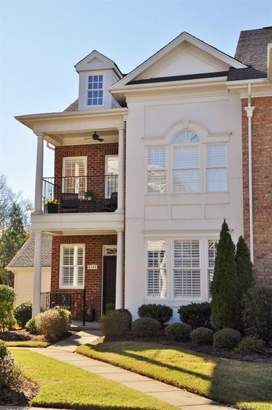 Elegant luxury brownstone-style town home in South Charlotte. Dual Porches. Brick exterior,hardwoods throughout upper level. Cherry Kitchen features Stainless appliances and lots of cabinet space. Decorative Moldings. Plantation Blinds. Detached 2 Car Garage with rear courtyard. Living room or office, GR w/ fireplace. Convenient to shopping & restaurants at Stonecrest, Ballantyne & Blakeney. (Note: Photos taken when professionally staged.)