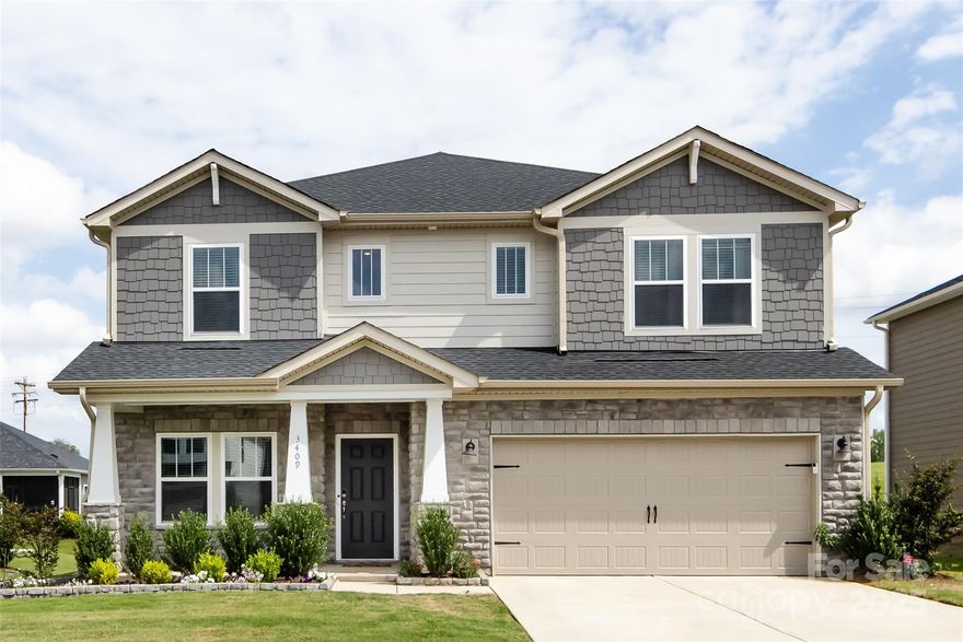 Welcome to 3409 Peach Cobbler Lane, a beautifully maintained home nestled in the charming Simpson Farms neighborhood. This 2023 built property features an open-concept layout with abundant natural light, stylish finishes, and modern comforts throughout. The spacious kitchen boasts granite countertops, stainless steel appliances, gas range, as well as a large island perfect for entertaining. Relax in the generous living area or retreat to the private primary suite complete with a luxurious en-suite bath and walk-in closet. All bedrooms upstairs are ample sized, not to mention the great bonus/flex space at the top of the landing. Don't miss the laundry room area which is huge and can be used for extra storage or a work space, as well as the bedroom/full bath downstairs. Outside, enjoy your large covered patio and backyard, ideal for gatherings or peaceful evenings under the stars. Check out the awesome neighborhood pool, membership is included in the monthly HOA fee.