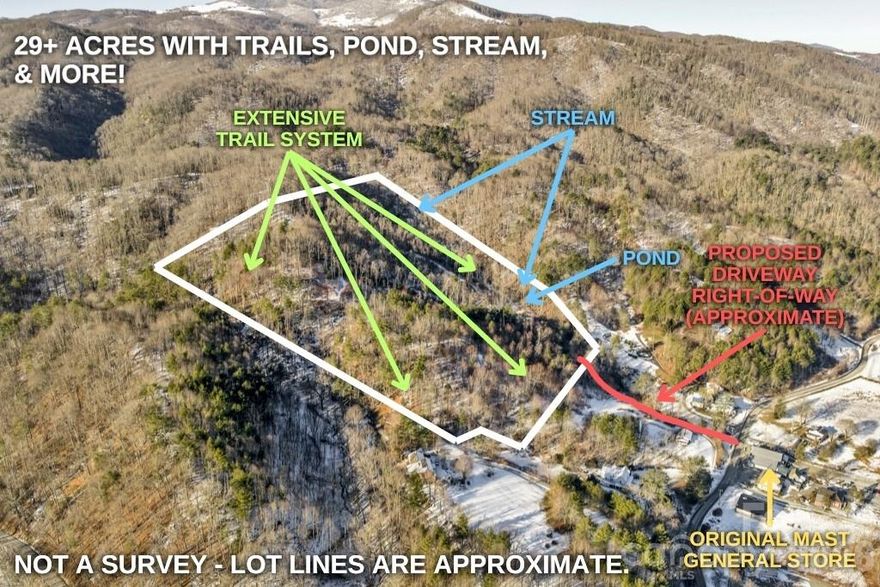 Valle Farm: a rare offering of 29+ acres with an extensive trail system in the heart of Valle Crucis! Located across the road from the Original Mast General Store, and with wooded acreage and long-range, layered Blue Ridge Mountain views at high elevations, this tract offers the potential for many different uses. Offering easy access year-round off of state-maintained roads (future driveway to be constructed by future owner), this is the perfect place for a homestead, family estate/legacy property, horse property, or investment opportunity with potential for development or commercial use. The wooded acreage is easily accessible over an extensive trail system and offers a small pond, stream frontage, and good potential homesites with long-range views. With serenity and mountain views year-round, this is the perfect place to enjoy all the High Country has to offer! Property is also being offered with two additional acres including a barn, house, and frontage on NC Highway 194 S.
