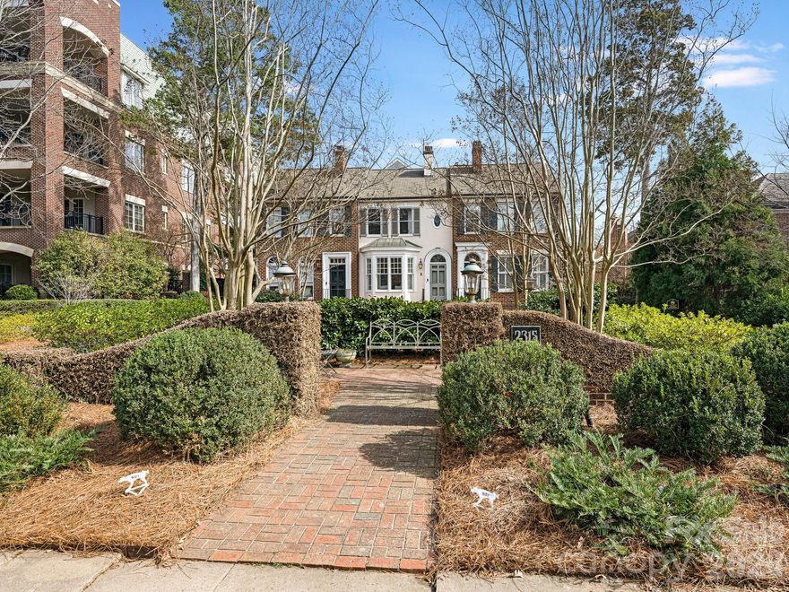 Hard to find 2 story end unit condo in the heart of Myers Park. Walking distance to retail and restaurants. Tree lined streets for outdoor activities. Renovated and move-in condition. High ceilings, light filled, open floor plan and plantation shutters. Living room to kitchen/dining and bedroom /office/den with full bath. Inviting brick enclosed patio. Primary suite is upstairs with luxurious bath, double vanity and walk in shower. Large walk-in closet by Closets by Design plus washer/dryer. New Heat Pump 2023. CPI Security System 2022. Freedom Park near and easy access to airport, highways and South Park Mall.