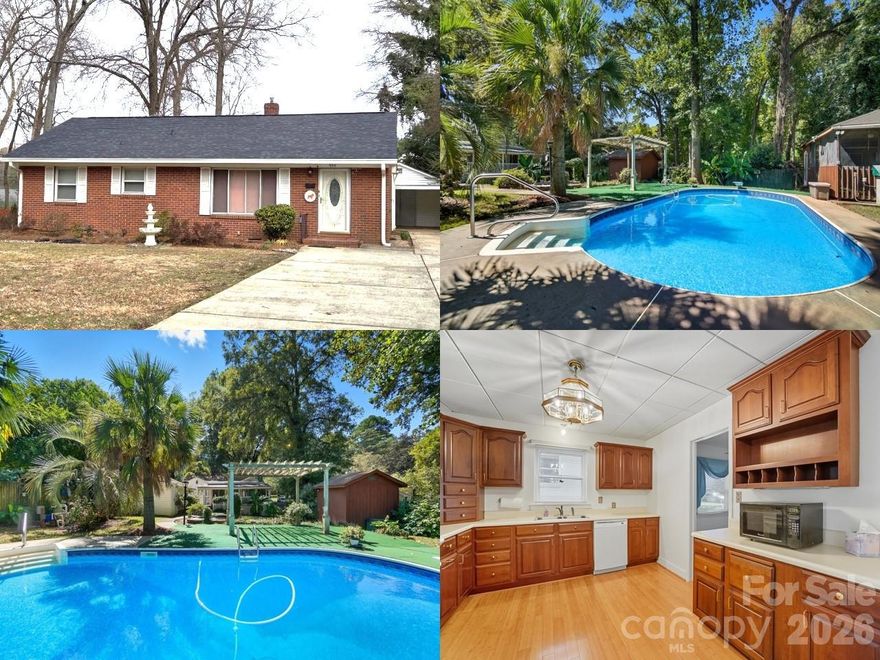 New roof installed December 2025! Fresh paint! Priced below Appraisal and Minutes to Uptown Charlotte/NoDa neighborhood—this prime location with a large private lot offers both convenience and opportunity. Dive into spring with this incredible inground heated pool—fully prepped and ready for the season! Enjoy maximum value with a pool cover that conveys, plus a brand-new leaf cover. All pool equipment and chemicals remain, making this a truly turnkey, low-maintenance outdoor living feature. Designed for entertaining, relaxation, and extended seasonal use, this backyard oasis lets you take full advantage of the entire pool season from day one.  Classic brick ranch with no HOA is ready for its new owner. Inside, the kitchen features updated cabinetry and bamboo flooring, a gas stove and the refrigerator, washer, dryer remain. The home appears to have hardwood flooring under the front living room, hallway, and two bedrooms, as well as tile under the carpet in the front bathroom. The sunroom that offers a ton of extra living/gathering space. This floorplans has options to add a third bedroom is needed. This property has about a 25 foot (approximately) steep buffer behind it that prevents any direct access from neighboring property.  The home is landscaped for privacy and includes a workshop with electricity(would be a great conversion for an ADU/inlaw/bonus space and two additional sheds for storage. Cameras are on property and all showings must be agent accompanied. Do NOT walk this property without an agent on site. Please review agent remarks for additional information before scheduling.