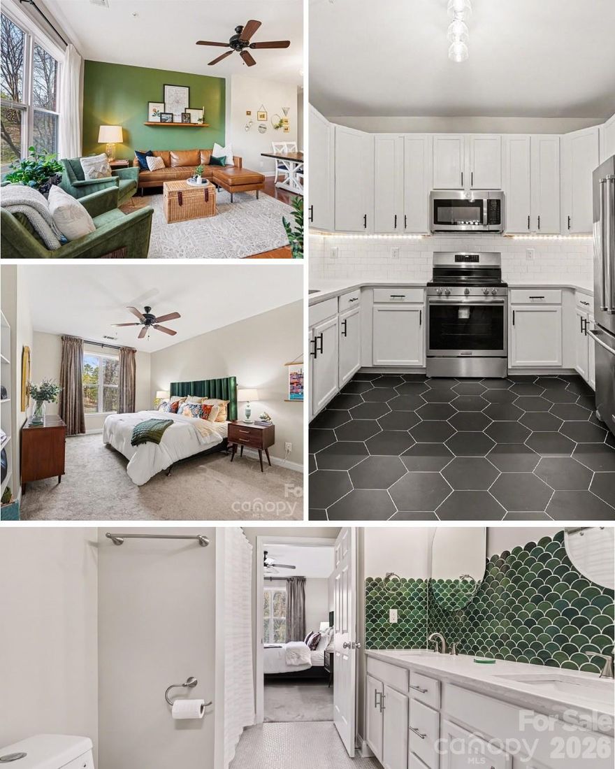 Renovated Lock and Leave 2 Bed 2 1/4 Bath condo in popular Madison Park with convenient access to Park Road Shopping Center, SouthPark, Dilworth, and Uptown. This 1st floor unit in Preston Flats features an updated kitchen with white cabinetry, stainless steel appliances, subway tile backsplash, and modern hex tile flooring. The open living and dining area offers hardwood floors and a functional layout ideal for everyday living and entertaining. Spacious bedrooms include a primary suite with an updated bath featuring designer tile and dual vanity. Additional highlights include a private balcony and access to community amenities including a pool and covered parking. Low-maintenance living in a convenient location. Ask about credits for HOA or other rate buy down needs.