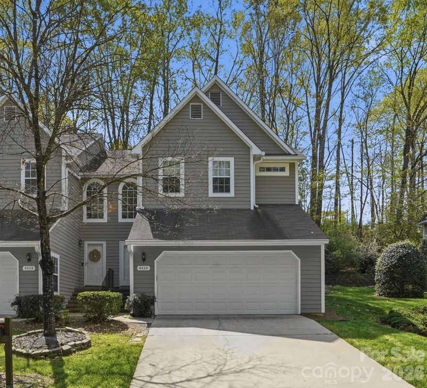 Welcome to this move-in ready end-unit townhome in the highly desirable Raintree community, built in 1999 and tucked into a peaceful setting. This bright, updated 2-bedroom, 2.5-bath home features an open floor plan with a dramatic two-story foyer and skylights that fill the living space with natural light. The kitchen offers white cabinetry, granite countertops, and updated appliances. Dual primary suites each feature private en-suite baths and walk-in closets, offering flexibility and comfort. Enjoy LVP flooring throughout, an attached two car garage, and an oversized laundry room with ample storage. Step outside to your private deck overlooking a serene, wooded area. Lots of updates, including furnace (2025), AC (2023), water heater (2020) giving peace of mind to the next owner. HOA dues include water, sewer, and landscaping. Bonus: initiation fee to Raintree Country Club is waived (membership optional). Conveniently located near Ballantyne, I-485, and top shopping and dining at Arboretum, Waverly, Stonecrest, and Trader Joe’s.