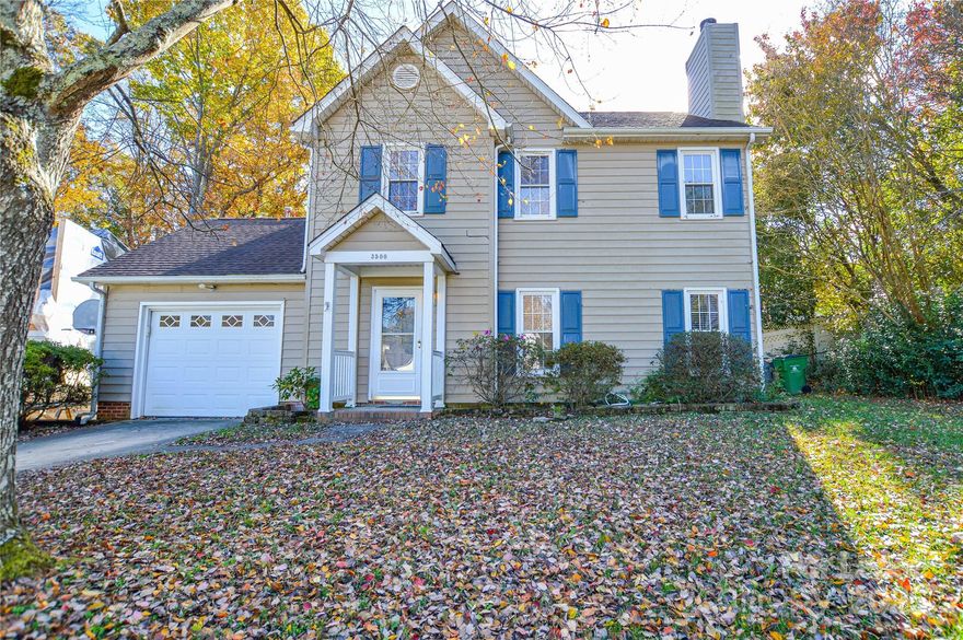 Wonderful 2-Story Matthews home on cul-de-sac lot. Fresh warm paint and new plush carpet. Combination family room and dining room, eat in kitchen with glass slider to covered patio. Three bedrooms up with full bath in the hall. Master bedroom has vaulted ceiling with on-suite bath, garden tub and dual sinks, sky light adds brightness to the space, walk in master closet. Established landscape, private fenced yard with storage building. Oversized covered patio with extended & lighted composite deck. Oversized 1 car garage with storage shelving. Well maintained home.