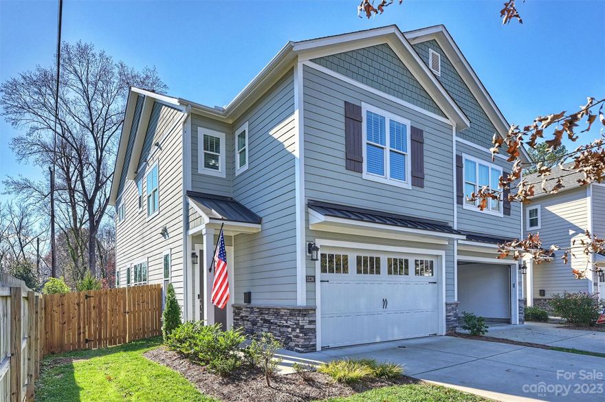 Prime location and incredible low-maintenance lifestyle. This duet-style townhome is a true unicorn! Backs to Little Sugar Creek Greenway, close to Park Rd Park, Montford, Harris Teeter, Mugs Coffee, & other dining! Built in 2020, this home lives & feels like a single family home w/10' ceilings down & 9' ceilings up, large Jeld-Wyn windows w/ motorized shades, walk-in closets in every room, a 2-car garage with add'l parking in driveway, & a massive patio overlooking the professionally landscaped, fenced back yard.  Open floorplan with large kitchen island, living room with gas fireplace, and dining area.  Hardwoods continue upstairs and through the hallway leading to huge primary suite with 3 closets & covered balcony. Beautiful tile in primary bathroom, dual sinks & water closet. Both secondary bedrooms have walk-in closets & ceiling fans. Truly one of the best townhomes you'll find in Charlotte, with an incredible yard, in one of the most fun & convenient locations imaginable!