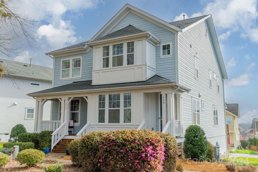 Come see this gorgeous, move-in ready townhome in desirable Riverwalk today! This Evans Coghill build features an open main level with a clean modern kitchen, great room, and an office/dining room space. The kitchen features high-end finishes like marble counter tops, a huge island with room for bar stools, stainless steel appliances, and a brand new walk-in pantry with butcher block counters. The home has ample natural light throughout, has newly installed carpet, and has a newly stained main floor deck. In addition, the front porch has been freshly painted, and the roof and HVAC have been recently serviced.  The upper level primary bedroom has fully built out, spacious closets and an oversized shower. The home is within walking distance to a grocery store, restaurants, retail, and is a short commute to Charlotte. Active lifestyle community with a Community Pool/Clubhouse, BMX Supercross Track, Velodrome, and Walking/Biking Trails on the river.