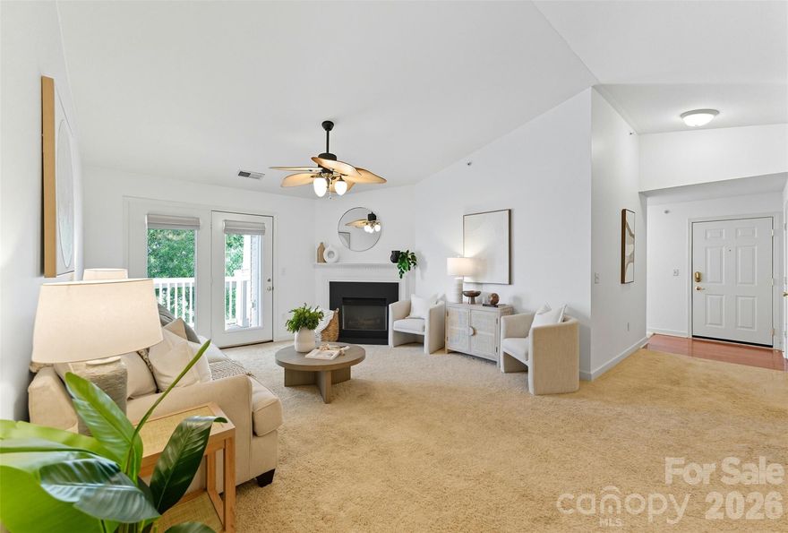 Welcome to affordable penthouse living in peaceful Copper Ridge! This third-floor condo features 3 bedrooms & two full bathrooms. With an open floor plan, vaulted ceilings, a wood-burning fireplace, and plenty of storage, this home is a must-see! Recently painted walls create a bright and airy atmosphere. The primary suite includes a walk-in closet and an ensuite bathroom with a vanity and shower. Enjoy entertaining on the covered porch, and take advantage of the community amenities, including a clubhouse, outdoor pool, tennis court, and communal spaces (just a building over!)—all while your HOA dues cover your water bill! This is a fantastic opportunity to live near the Ballantyne Bowl and Village, with easy access to South Charlotte, Fort Mill, SouthPark, and more—all at an attractive price point! ***This property qualifies for a special finance program! Primary residence only, NO down payment - 100% FINANCING with up to $10k lender credit, & NO mortgage insurance requirement*** FHA APPROVED!
