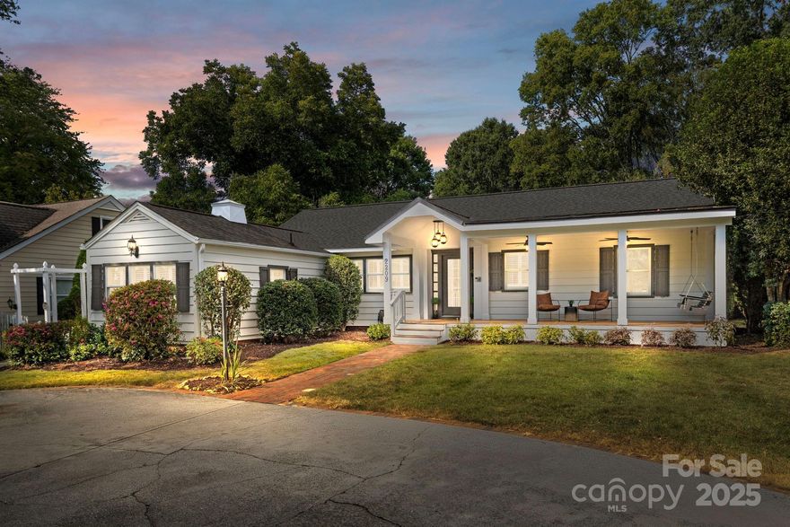 Location, location, location! This fabulous Myers Park ranch is located on a quiet street within walking distance to Selwyn Corners, Park Road shopping center and the Greenway. It’s a flat lot with an oversized front porch with swing and luxury composite decking. This 2324 sq ft house boasts 4 bedrooms, 3 renovated bathrooms, an office, sunroom, and a desired open dining/kitchen/family floor plan where you can enjoy a gas fireplace and coffered ceiling.  Original hardwood floors with tons of storage (cedar lined closets) throughout the house. Host backyard parties with your gorgeous gunite saltwater pool/hot tub and covered dining! Move right in with big ticket items taken care of:  new siding and exterior paint (2025), roof (2024), water heater (2021), and HVAC/heat pump (2021). No HOA. Top rated schools. You do not want to miss this one!