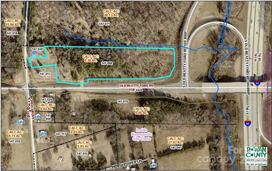 Prime location for potential business park. Approximately 8.3 acres quadrant next to I-85 and new Exit 65 interchange at Old Beatty Ford Rd.   Area is growing with 4 large commercial buildings recently built. Property is annexed into the city limits of Kannapolis and is in Rowan County. Please contact both for potential use. The property includes Rowan County parcel 147 028 and parcel 147 06. Do not enter property without appointment.