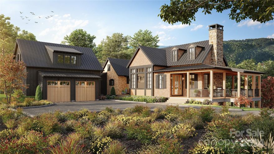 This spectacular home features a large master suite and two spacious bedrooms on the lower level, each offering stunning mountain views. A secluded guest suite above the detached two-car garage provides a private space for visitors or an office. Enjoy the serene mountain scenery from the covered porch with a stone fireplace. Modern comforts include high-efficiency mechanical systems, thorough foam insulation, and high-speed internet. The indoor living area's grand fireplace and its outdoor counterpart offer warmth and ambiance for memorable evenings. Outdoor living is elevated with heated porches and decks, encouraging year-round enjoyment. Native plantings complement the home's contemporary aesthetic and blend with the natural surroundings. The master suite serves as a peaceful retreat, complemented by two lower-level bedrooms and a private guest suite. High-efficiency mechanical systems, foam insulation, and high-speed internet promise modern comfort and connectivity.