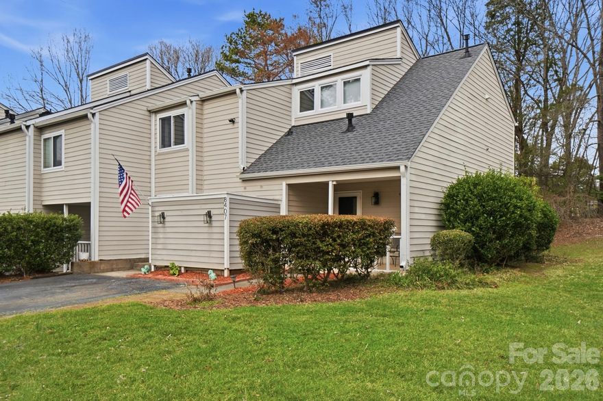 Come check out this adorable, private end-unit townhome in the highly desirable Raintree community! This well-maintained home has been beautifully updated with renovated bathrooms, new appliances, a new roof, fresh interior paint, new carpet and stylish new fixtures throughout.
Enjoy multiple outdoor living spaces including a welcoming front porch, large side yard, covered back sunroom, and a private balcony off the primary bedroom — perfect for relaxing or entertaining.
Upstairs, you’ll find two spacious bedrooms, both with dual closets, and a shared updated full bathroom.  HOA includes landscaping, water and sewer. As a bonus, this home qualifies for the initiation fee to be waived at Raintree Country Club (a $30,000 value). Top South Charlotte school zone and quick access to Providence Rd., Hwy 51 and I485. Walk to the Arboretum Shopping area. This move-in ready gem won’t last long!