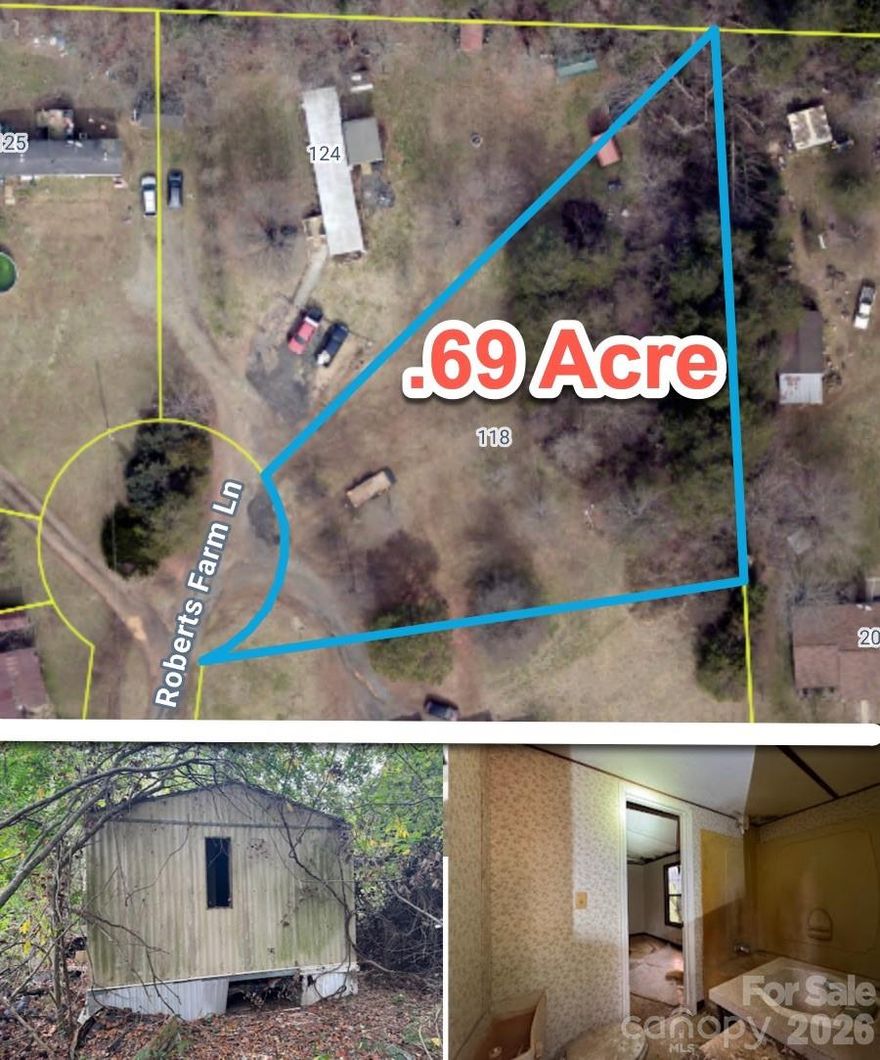 Located at 118 Roberts Farm Ln, this .69-acre cul-de-sac lot offers a quiet rural setting with low traffic and surrounding countryside while remaining within convenient proximity to Statesville. The property is zoned RA and allows singlewide or doublewide manufactured homes (buyer to verify). An existing 3BR/2BA manufactured home is on site and conveyed with the property; the home is in very poor condition and the property is heavily overgrown, with only a narrow path cleared to the front door for limited viewing. The property is served by a private 3-bedroom septic system. Iredell Water Corp is available, and they have has quoted a new water tap fee of $2,500. Property is offered as-is, where-is, with no repairs or warranties expressed or implied.