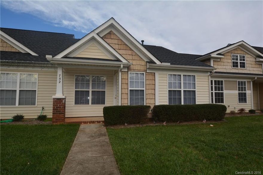 Conveniently located 2 bedroom, 2 bath townhome with all appliances remaining, including washer and dryer. Vaulted ceiling in great room and in master bedroom. Community with pool and lawn care included in HOA.